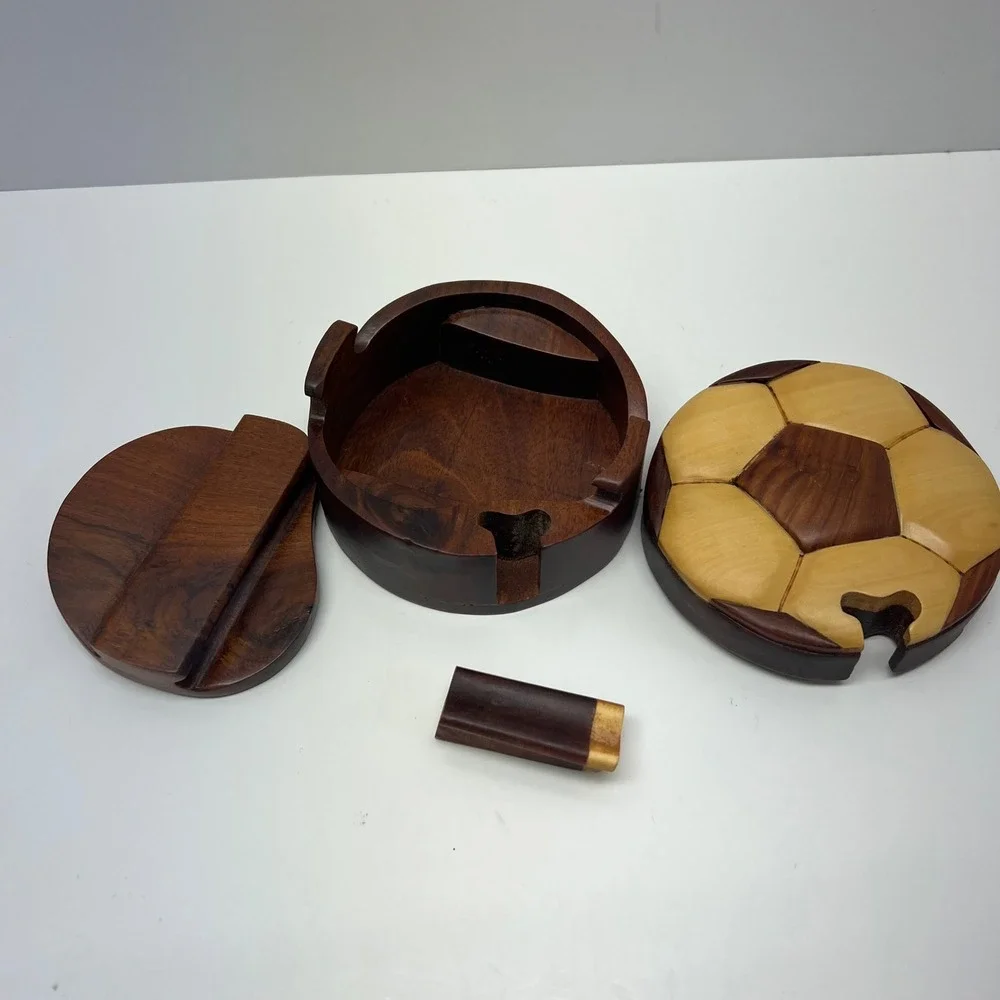 Wooden‎ Soccer Ball Flower Puzzle Box Trinket Storage Container Unique Gift